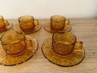 Juego 6 Tazas Café Antiguas Vidrio Ámbar