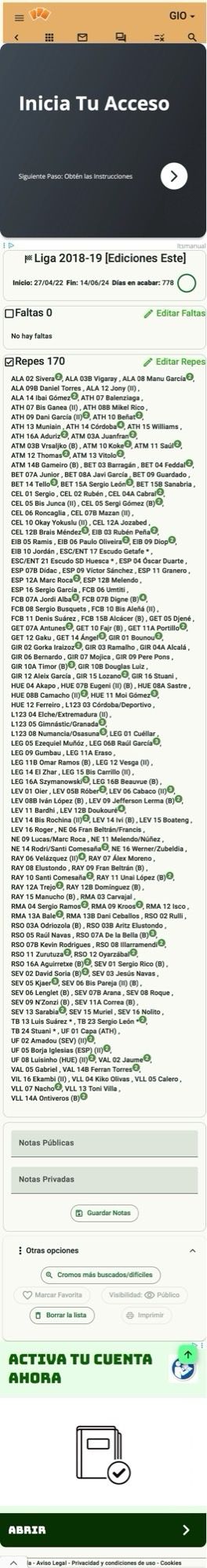 Lote 170 cromos Panini Liga Este 2018