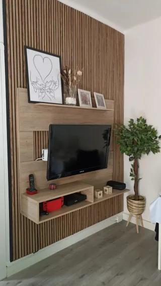 Mueble TV Panel entretenimiento Pared Madera Beige