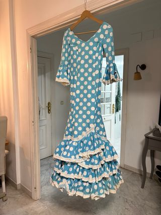 Traje Flamenco Niña Azul Lunares Blancos
