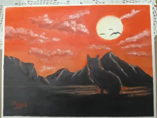 Óleo sobre lienzo atardecer gato