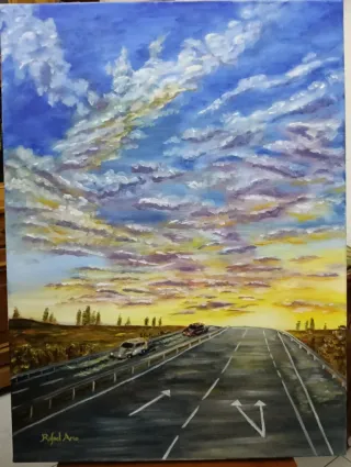 Oleo sobre lienzo paisaje carretera