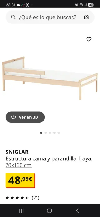 Cama SNIGLAR 70x160 cm con barrera
