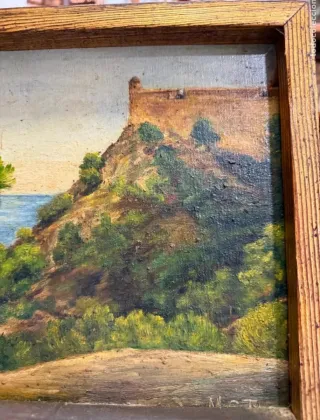 Antiguo óleo sobre tabla paisaje marino