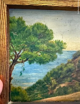 Antiguo óleo sobre tabla paisaje marino