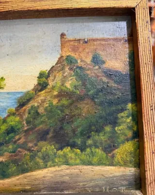 Antiguo óleo sobre tabla paisaje marino