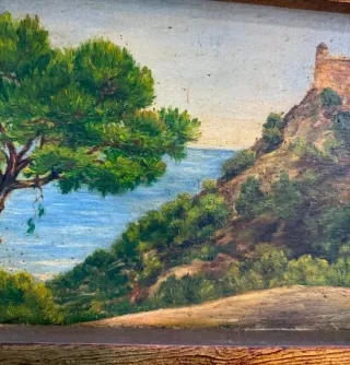 Antiguo óleo sobre tabla paisaje marino