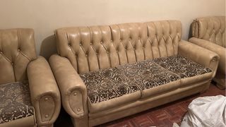 Sofá de cuero vintage beige y marrón