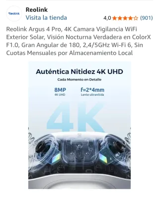 Reolink Argus 4 Pro 4K Cámara Vigilancia WiFi Sola
