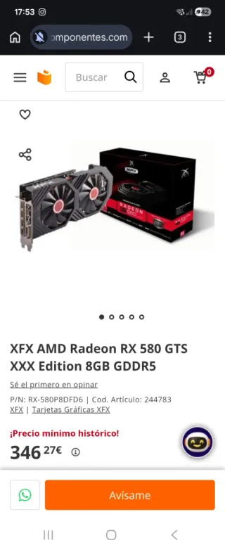 AMD RX 580 8GB GDDR5 Tarjeta Gráfica