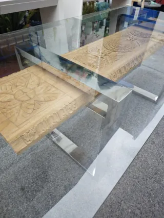 Mesa diseño  cristal, madera y metal
