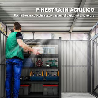 Caseta De Jardín 4.9M² De Acero Galvanizado Con Orificios De Drenaje Y Ventanas Transparentes De Acrílico, Cobertizo Para Herramientas Con Techo, Puerta Bloqueable Con Llaves Y Guantes, Gris Oscuro