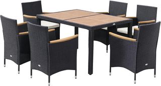Conjunto de Mesa y Sillas de Jardín de 7 Piezas en Rattan PE y Madera, Muebles de Exterior con Cojines Suaves, Negro