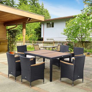 Conjunto de Mesa y Sillas de Jardín de 7 Piezas en Rattan PE y Madera, Muebles de Exterior con Cojines Suaves, Negro