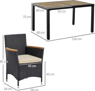 Conjunto de Mesa y Sillas de Jardín de 7 Piezas en Rattan PE y Madera, Muebles de Exterior con Cojines Suaves, Negro
