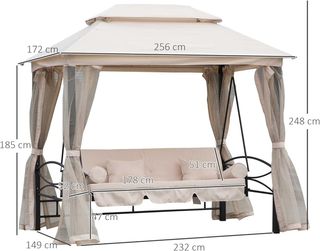 Columpio de 3 Plazas y Cama Individual con Cubierta de Gazebo, Mosquitera y Cojines 256X172X248Cm Crema