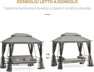 Columpio de 3 Plazas y Cama Individual con Cubierta de Gazebo, Mosquitera y Cojines 256X172X248Cm Gris Oscuro