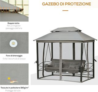 Columpio de 3 Plazas y Cama Individual con Cubierta de Gazebo, Mosquitera y Cojines 256X172X248Cm Gris Oscuro
