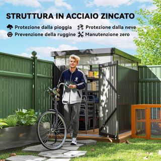 Caseta De Jardín 4M² De Acero Galvanizado Con Orificios De Drenaje Y Ventanas Transparentes De Acrílico, Cobertizo Para Herramientas Con Techo, Puerta Bloqueable Con Llaves Y Guantes, Gris Oscuro