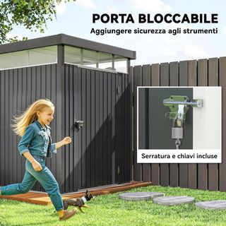 Caseta De Jardín 4M² De Acero Galvanizado Con Orificios De Drenaje Y Ventanas Transparentes De Acrílico, Cobertizo Para Herramientas Con Techo, Puerta Bloqueable Con Llaves Y Guantes, Gris Oscuro