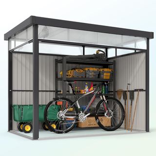 Caseta De Jardín 4M² De Acero Galvanizado Con Orificios De Drenaje Y Ventanas Transparentes De Acrílico, Cobertizo Para Herramientas Con Techo, Puerta Bloqueable Con Llaves Y Guantes, Gris Oscuro