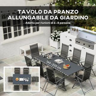 Mesa de Jardín Extensible para 6-8 Personas de 160/220X90X73 Cm, Mesa de Comedor Rectangular Extensible con Tablero de Listones de Aluminio, para Patio, Balcón, Terraza y Exterior, Gris