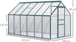 Invernadero de Jardín de Policarbonato 190X375X199Cm, Con Ventana Abatible y Puerta Corredera, Estructura de Aluminio, Verde
