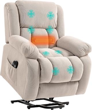 Sillón Eléctrico Elevador Reclinable 150°, Sillón Relax Eléctrico de Tela para Ancianos Con 8 Puntos de Masaje, Calefacción, Puerto USB, Mando a Distancia, Reposapiés, Bolsillos Laterales, Beige