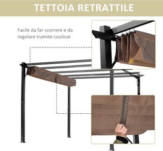 Gazebo Pergola De Jardín 3X4M Con Techo Deslizante de Poliéster y Estructura de Aluminio, Gris y Marrón