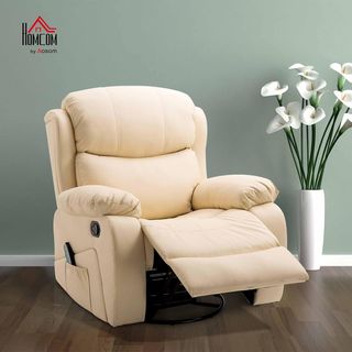Sillón Relax Masajeador con Reclinación Ajustable, 8 Puntos Vibrantes y Calefacción, Sillón Eléctrico Giratorio 360° con Control Remoto, en Cuero Sintético y Acero, Beige