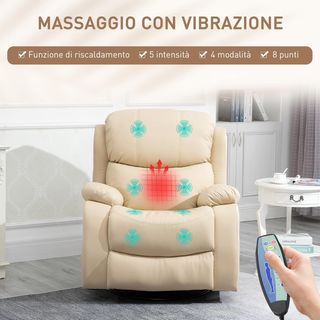 Sillón Relax Masajeador con Reclinación Ajustable, 8 Puntos Vibrantes y Calefacción, Sillón Eléctrico Giratorio 360° con Control Remoto, en Cuero Sintético y Acero, Beige