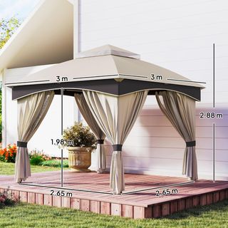 Gazebo De Jardín 3X3 M De Acero Con Doble Techo, Redes Y Cortinas Incluidas, Beige Y Café