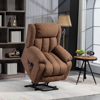 Sillón Elevador Eléctrico Con Mando A Distancia, Sillón Relax Masajeador Y Reclinable En Tela Con Reposapiés Y Bolsillos Laterales, 91X93X103Cm, Marrón