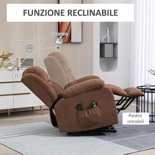 Sillón Elevador Eléctrico Con Mando A Distancia, Sillón Relax Masajeador Y Reclinable En Tela Con Reposapiés Y Bolsillos Laterales, 91X93X103Cm, Marrón