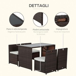 Conjunto de Muebles de Jardín de Rattan 5Pz Mesa de Comedor 4 Sillas con Cojines