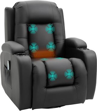 Sillón Masajeador Reclinable Manual, Sillón Relax Eléctrico Calefactable Giratorio Con Balanceo, Portavasos, Control Remoto, Reposapiés, Bolsillos Laterales, en Piel PU, Negro