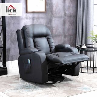 Sillón Masajeador Reclinable Manual, Sillón Relax Eléctrico Calefactable Giratorio Con Balanceo, Portavasos, Control Remoto, Reposapiés, Bolsillos Laterales, en Piel PU, Negro