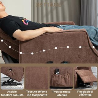 Sillón Eléctrico Elevador Reclinable 135°, Sillón Relax Eléctrico de Poliéster Con 2 Mando a Distancia, Reposapiés, 8 Puntos de Masaje y Bolsillos Laterales, Marrón Oscuro