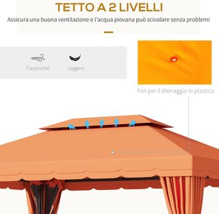 Gazebo De Jardín 4X3 M Con Mosquitera Y Toldos, Gazebo De Exterior Con Doble Techo Y Cubierta De Poliéster Anti UV Y Estructura De Aleación De Aluminio, Naranja