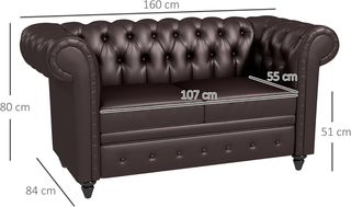 Sofá 2 Plazas Estilo Chesterfield en Piel Sintética, Sofá de Salón Acolchado con Brazos y Espuma Gruesa, Sofá con Patas de Madera de Caucho para Salón y Oficina, Marrón