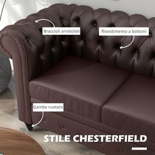 Sofá 2 Plazas Estilo Chesterfield en Piel Sintética, Sofá de Salón Acolchado con Brazos y Espuma Gruesa, Sofá con Patas de Madera de Caucho para Salón y Oficina, Marrón