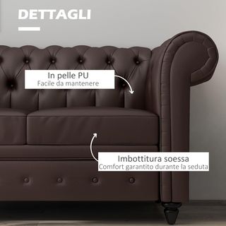 Sofá 2 Plazas Estilo Chesterfield en Piel Sintética, Sofá de Salón Acolchado con Brazos y Espuma Gruesa, Sofá con Patas de Madera de Caucho para Salón y Oficina, Marrón