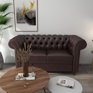 Sofá 2 Plazas Estilo Chesterfield en Piel Sintética, Sofá de Salón Acolchado con Brazos y Espuma Gruesa, Sofá con Patas de Madera de Caucho para Salón y Oficina, Marrón