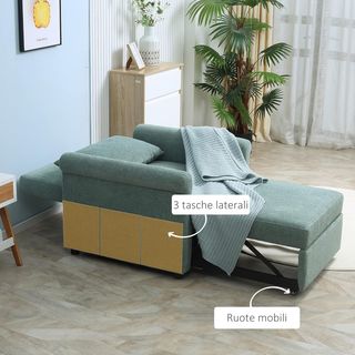 Sillón Cama Individual Con Respaldo Regulable En 4 Posiciones, Tejido Transpirable Efecto Lino Y Asiento Acolchado, 96X84.5X87.5 Cm, Verde