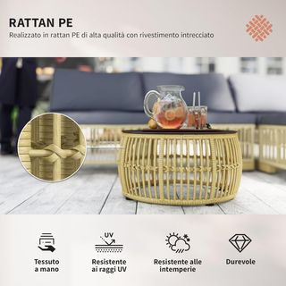 Salón de Ratan para Exterior de 5 Piezas, Conjunto de Jardín con Sofá Modular, Cojines y Mesa de Café con Cristal, Gris