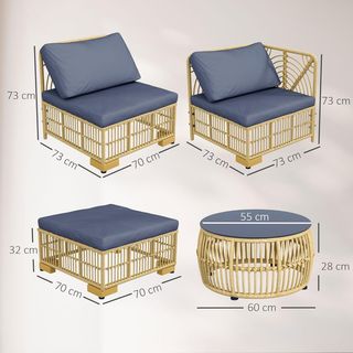 Salón de Ratan para Exterior de 5 Piezas, Conjunto de Jardín con Sofá Modular, Cojines y Mesa de Café con Cristal, Gris