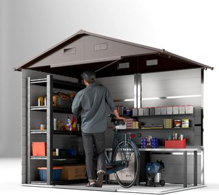 Caseta de Jardín 4.07M² de Acero Galvanizado con Orificios de Drenaje, Ventilación, Cobertizo para Herramientas con Techo Inclinado, Doble Puertas Correderas Bloqueables, Diseño Efecto Madera, Marrón