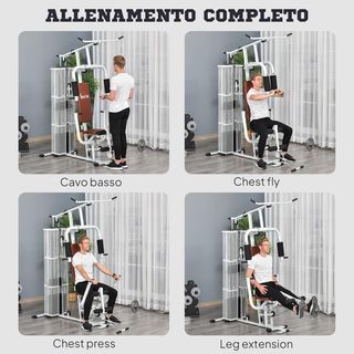 Estación de Fitness Con Pull Down, Press de Pecho, Flexiones, Extensiones de Piernas y Remo, Gimnasio Multifuncional de Acero Con Peso de 45 Kg, para Gimnasio en Casa, 150X110X210 Cm, Blanco
