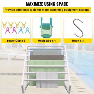 Soporte para Toallas de Piscina, 8 Barras, Blanco, Organizador de Almacenamiento Triangular Freestanding de PVC para Exterior, Incluye 8 Clips para Toallas, Bolsa de Malla, Gancho, También Almacen...
