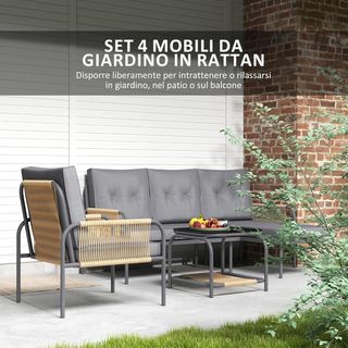Conjunto De Muebles De Jardín De Ratan 4 Piezas, Salón De Exterior Con Sofá De 2 Plazas, Sillón, Chaise Longue Con Cojines Lavables Y Mesa De Cristal, Conjunto De Jardín Exterior, Gris Oscuro